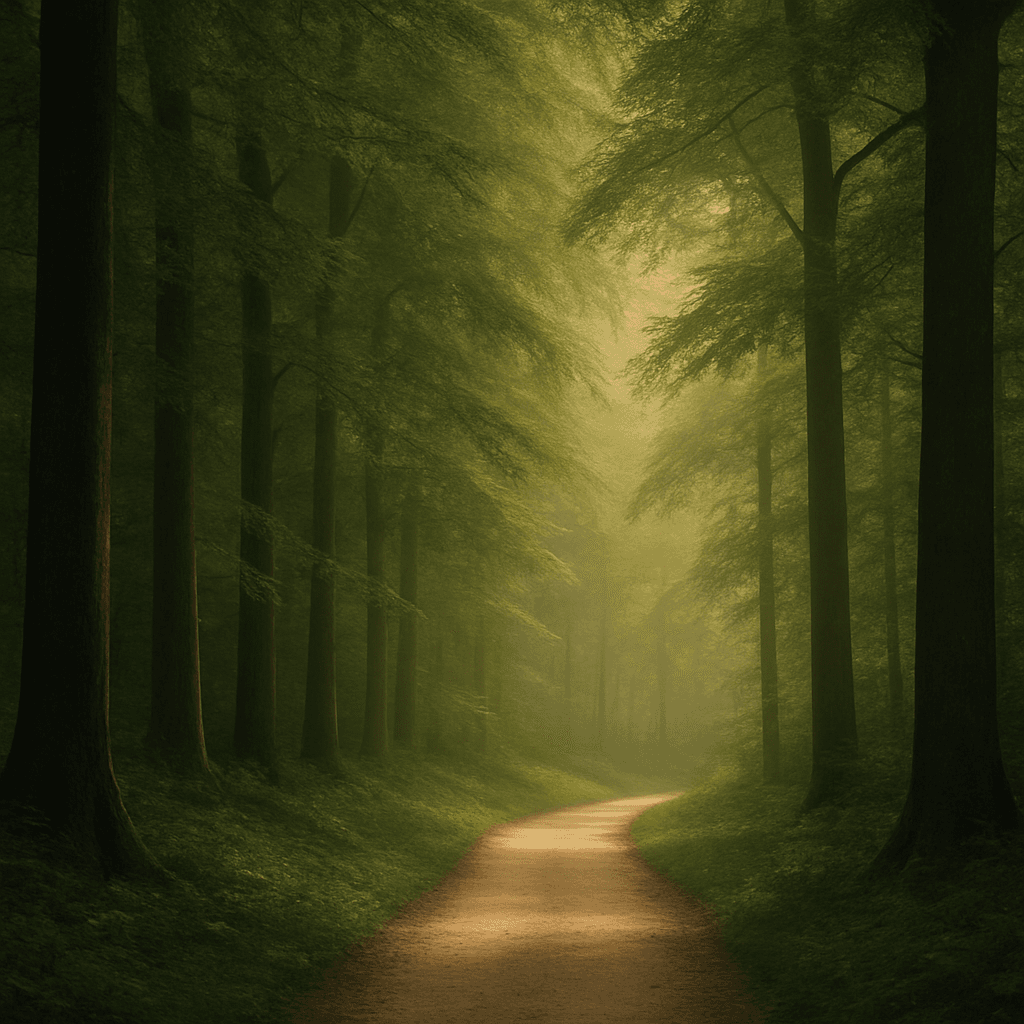 A lone path through a quiet misty forest at dawn